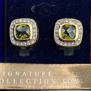 Designer Inspired French clip back Signature Collection green stone earrings.